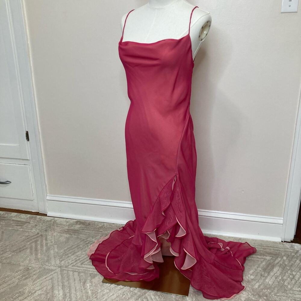 Dark pink silk mermaid dress with ruffle thigh slit juniors 7/8